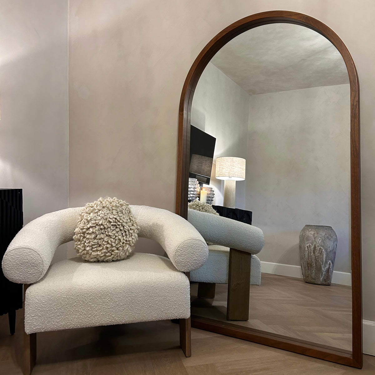 Full Length Extra Large Arched Walnut Mirror as living room lean to