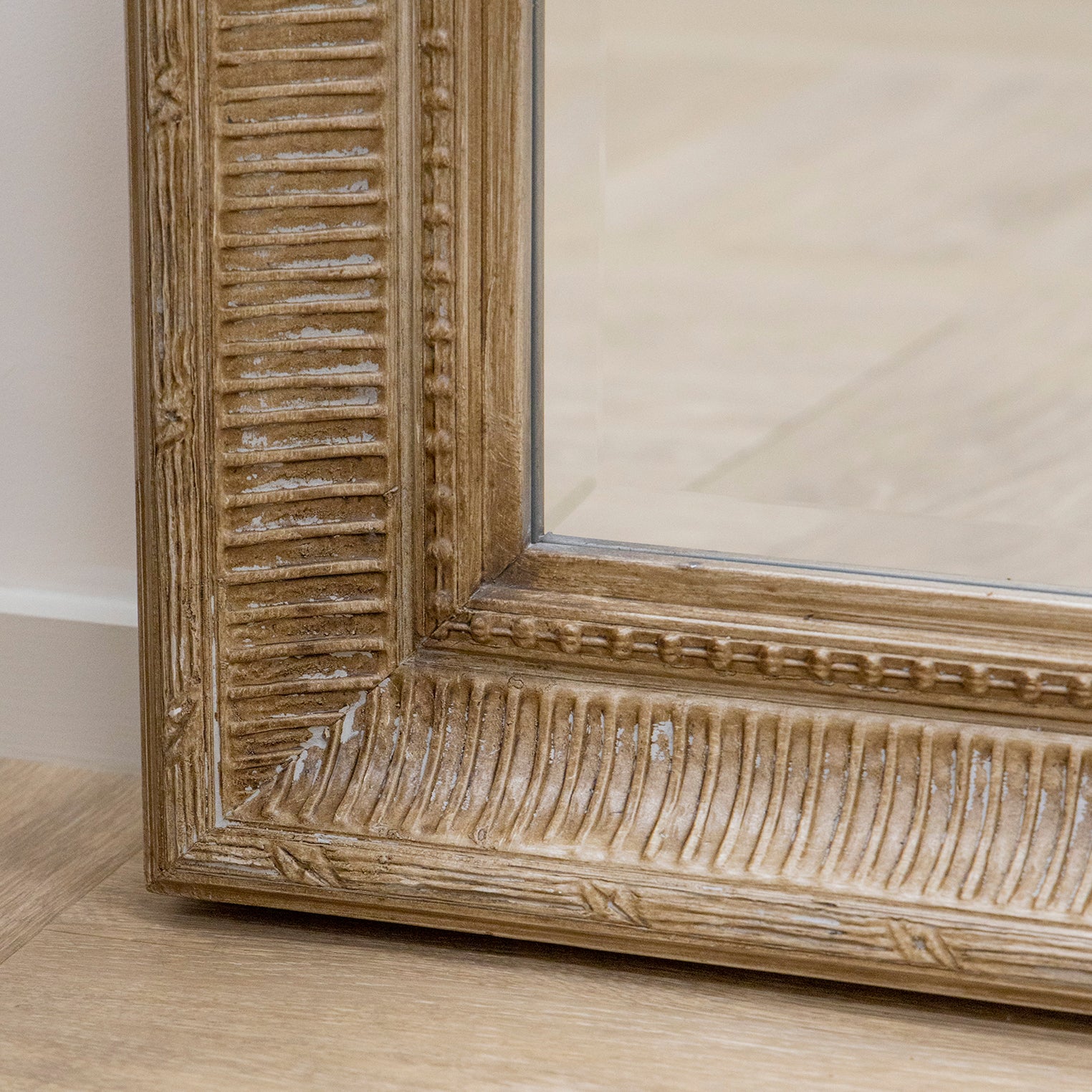 Closeup of XL washed wood rectangular mirror