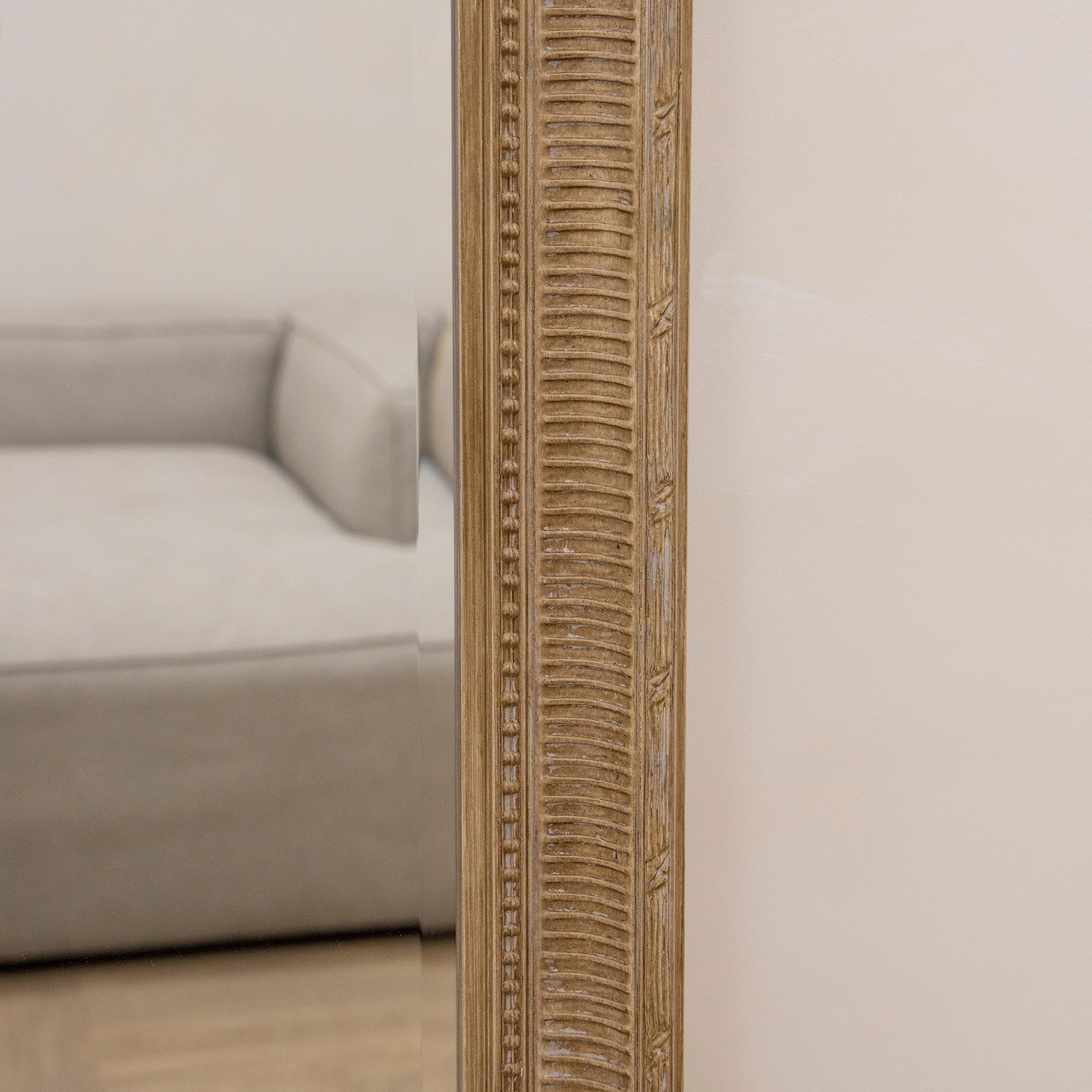 Closeup of extra large washed wood rectangular mirror
