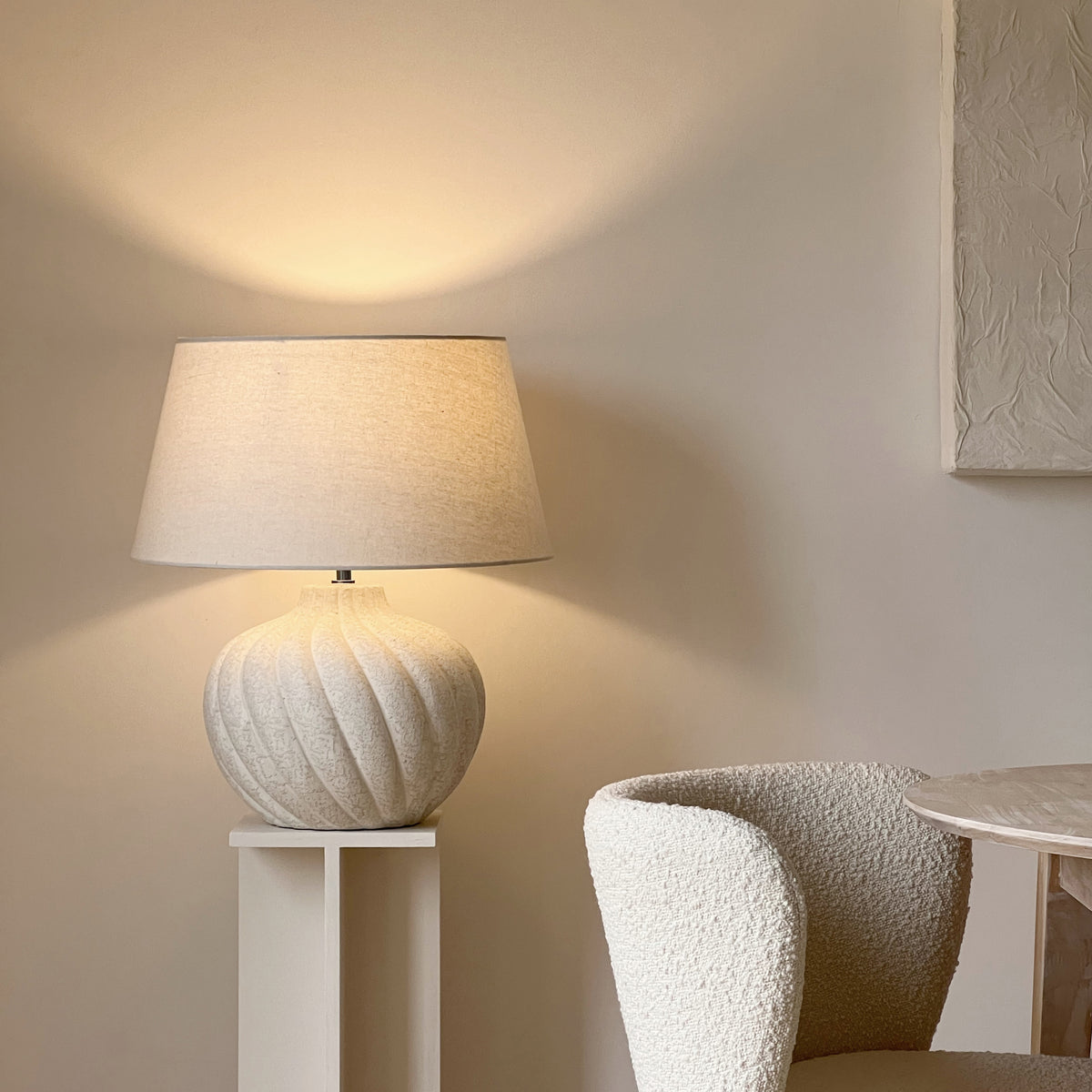 Textured ceramic based table lamp natural shade