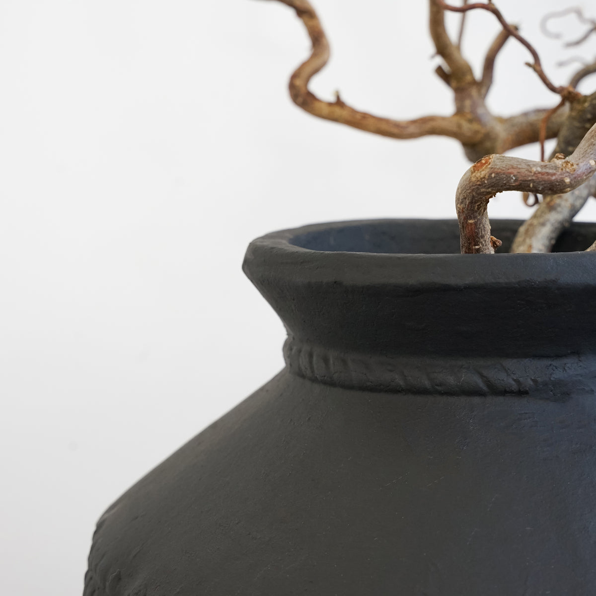 Black Textured Terracotta Large Vase detail shot of rim