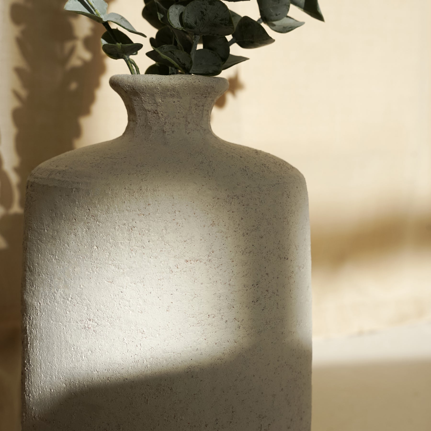White Textured Terracotta Small Vase with plant and natural light