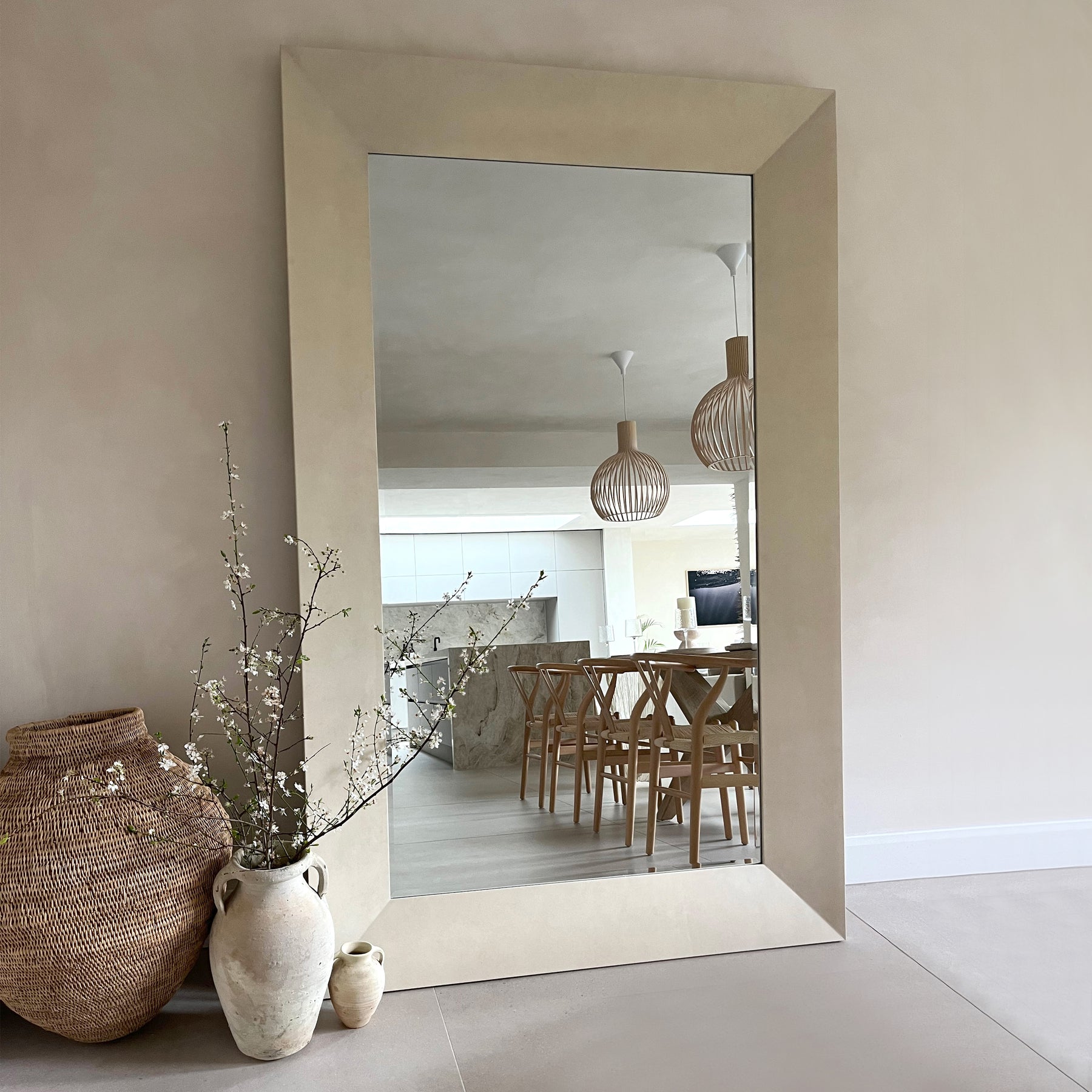 Full length extra large rectangular concrete mirror with ceramics