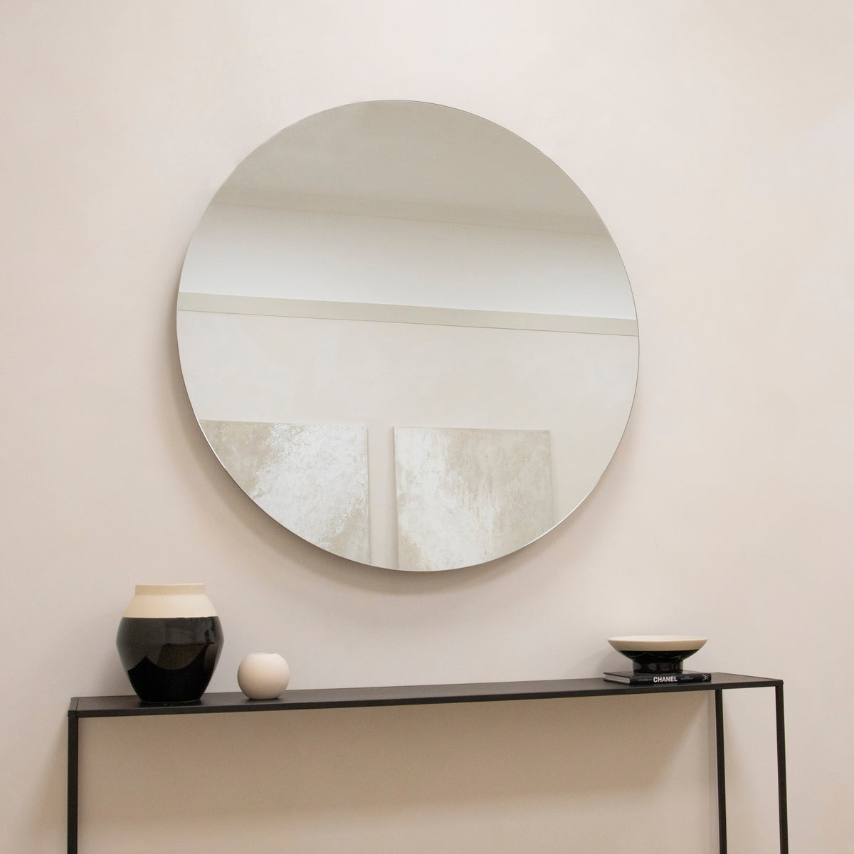 Large Frameless Round Wall Mirror above console table