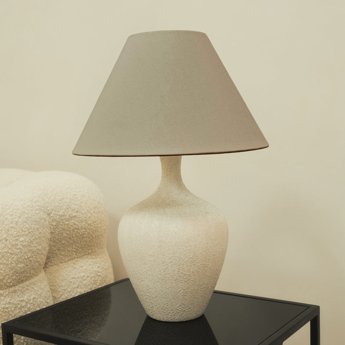 Textured Ceramic Based Table Lamp Beige Shade on brooklyn table