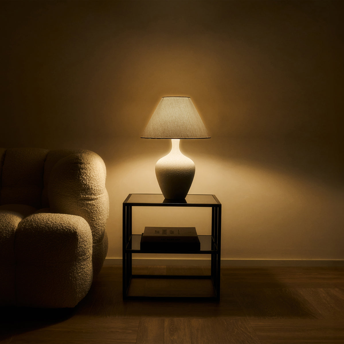 Textured Ceramic Based Table Lamp Beige Shade emitting warm light