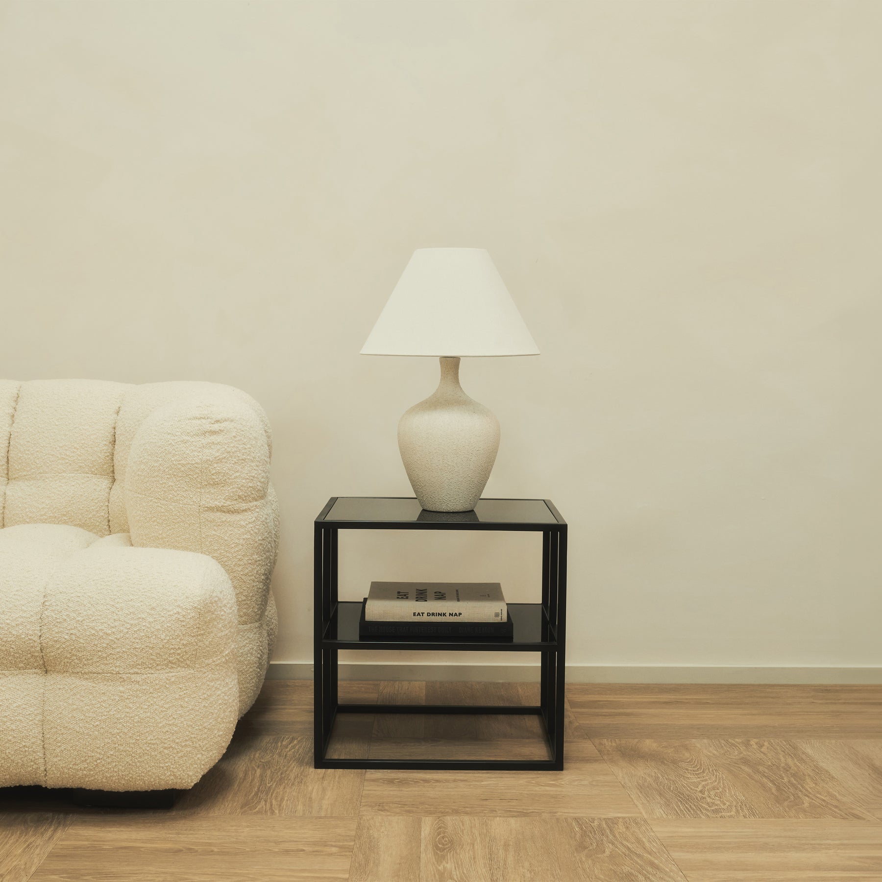 Textured Ceramic Based Table Lamp Natural Shade beside sofa