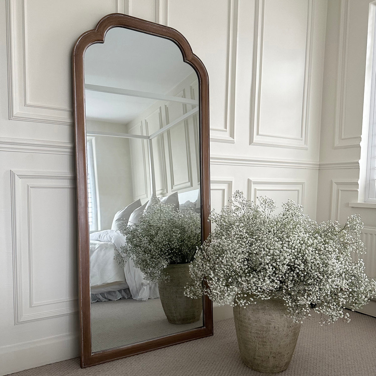 Full Length Washed Wood Arched Mirror leaning against wall