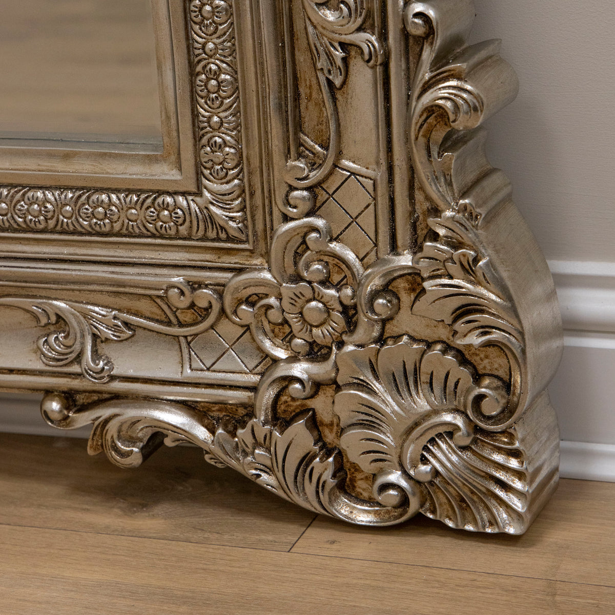 Champagne Ornate Floor Mirror detail shot of intricate design