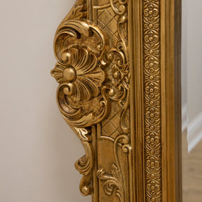 Gold Ornate Floor Mirror detail shot or ornate frame side