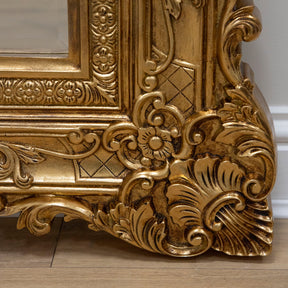Gold Ornate Floor Mirror detail shot of bottom corner intricate design