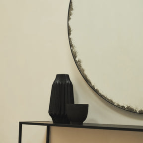 Black Large Antique Glass Round Metal Mirror Detail shot of mirror curve