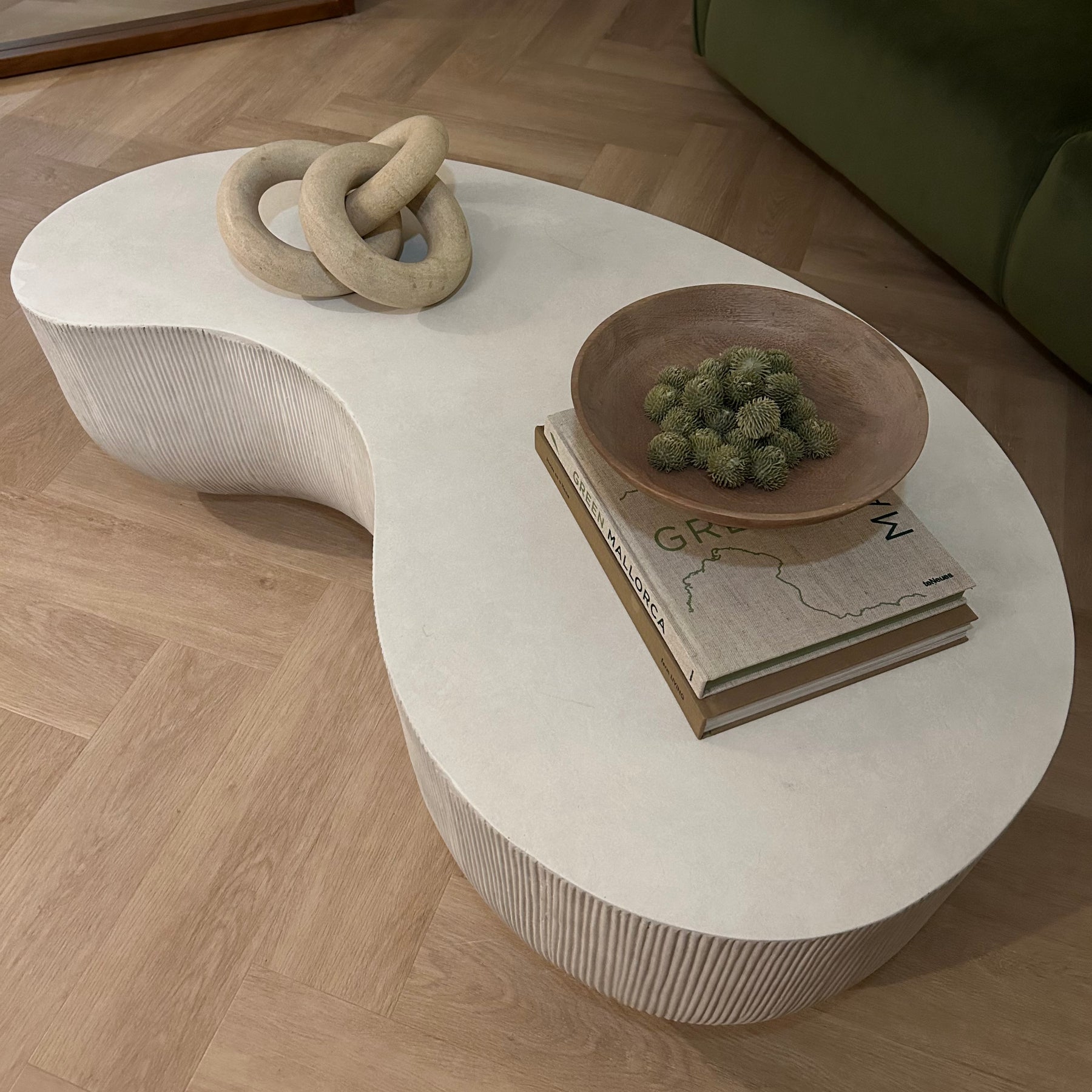Minimal Concrete Shaped Coffee Table Large top-down view in living room