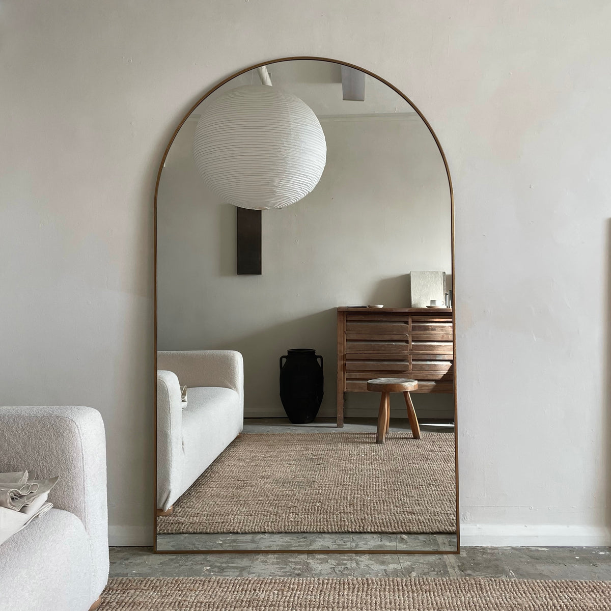 Gold Full Length Arched Metal Mirror as living room lean to