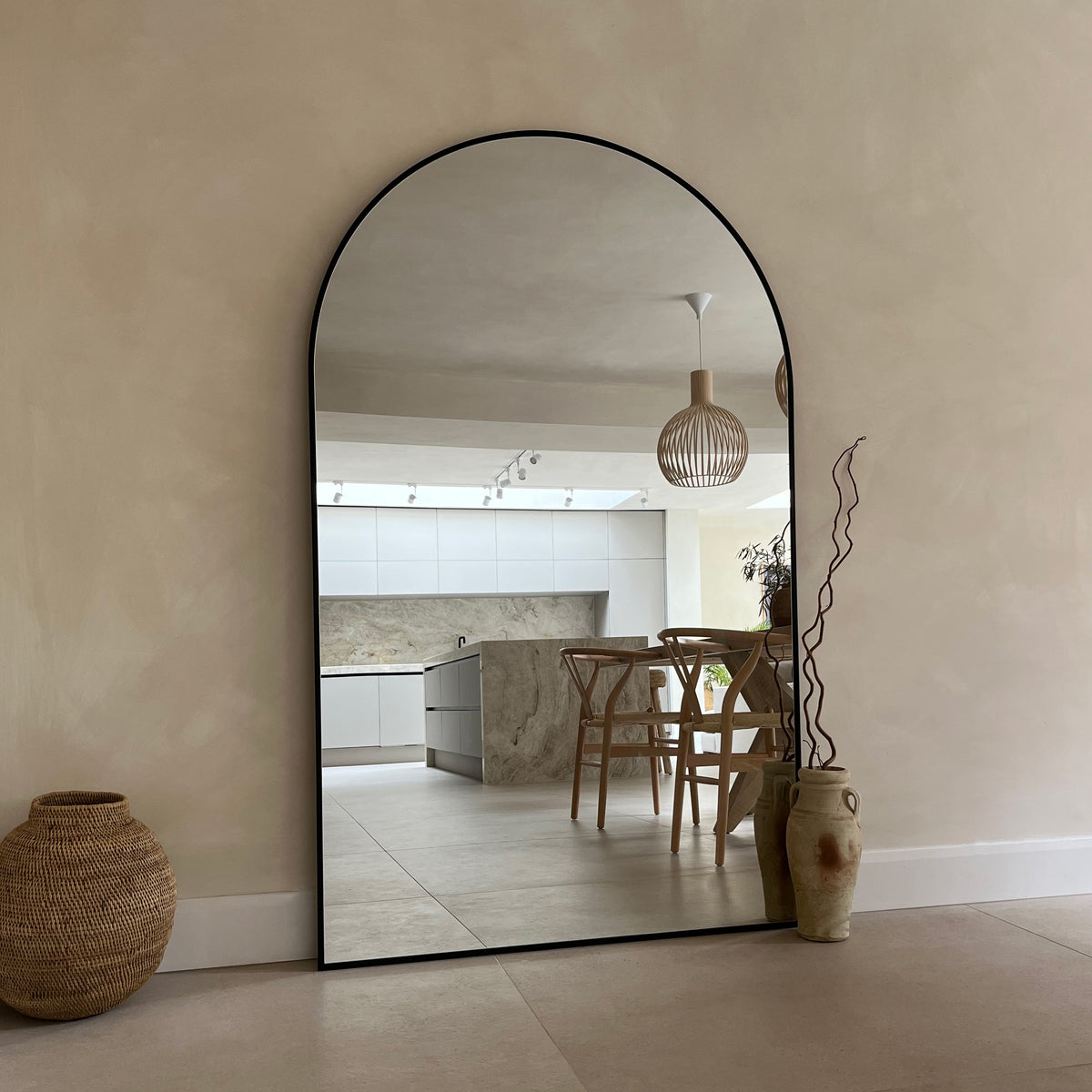 Black Full Length Arched Metal Mirror as kitchen lean to