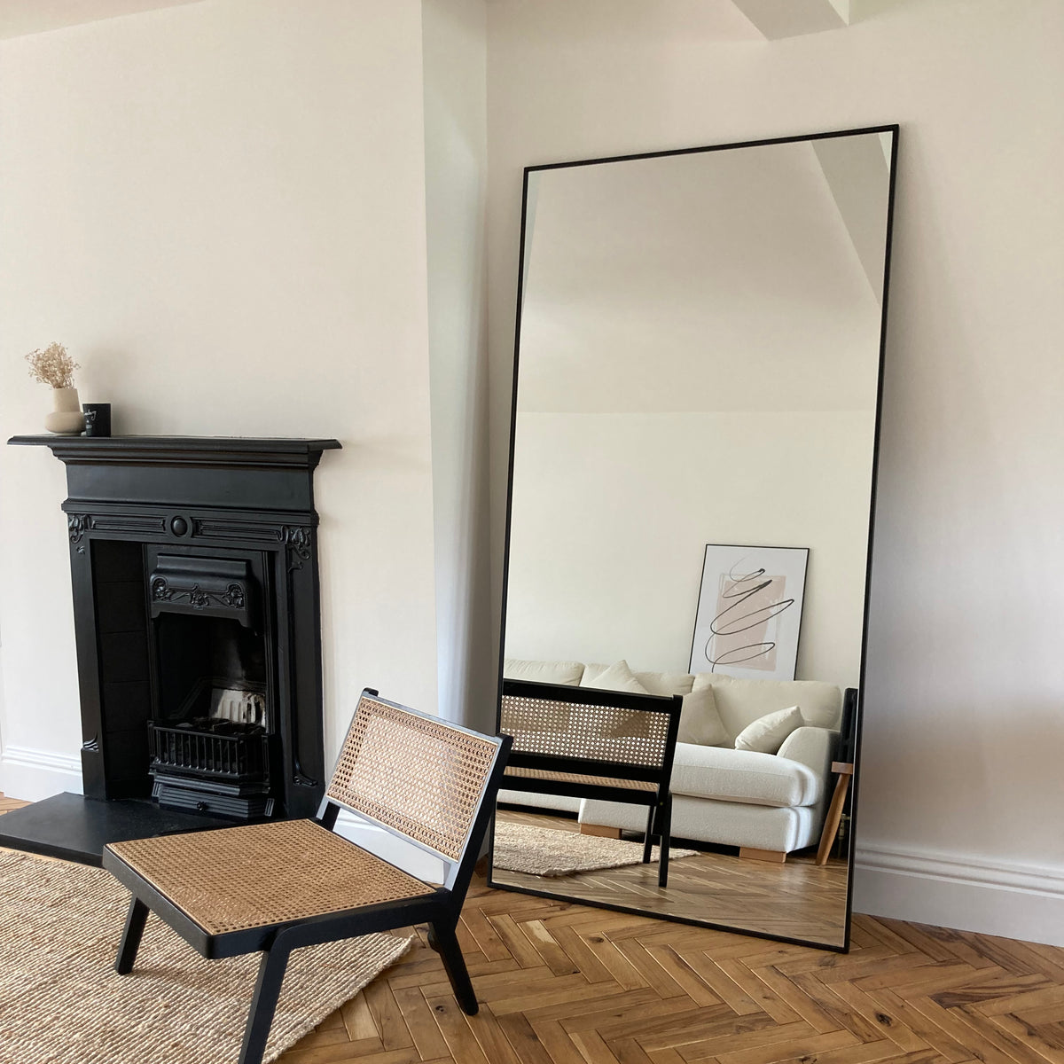 Full Length Extra Large Black Metal Mirror as living room lean to