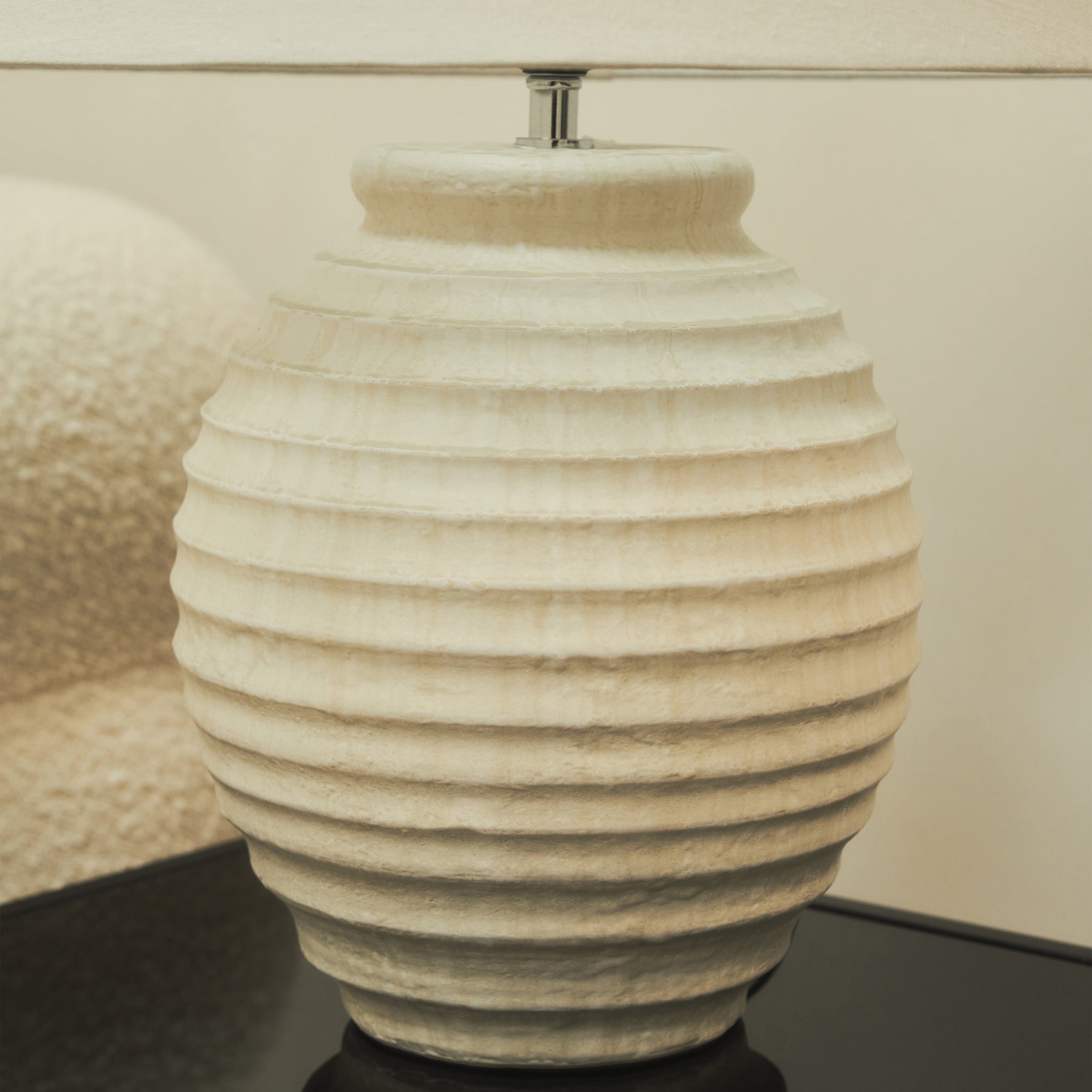 Textured Ceramic Based Table Lamp Natural Shade detail shot of textured ceramic