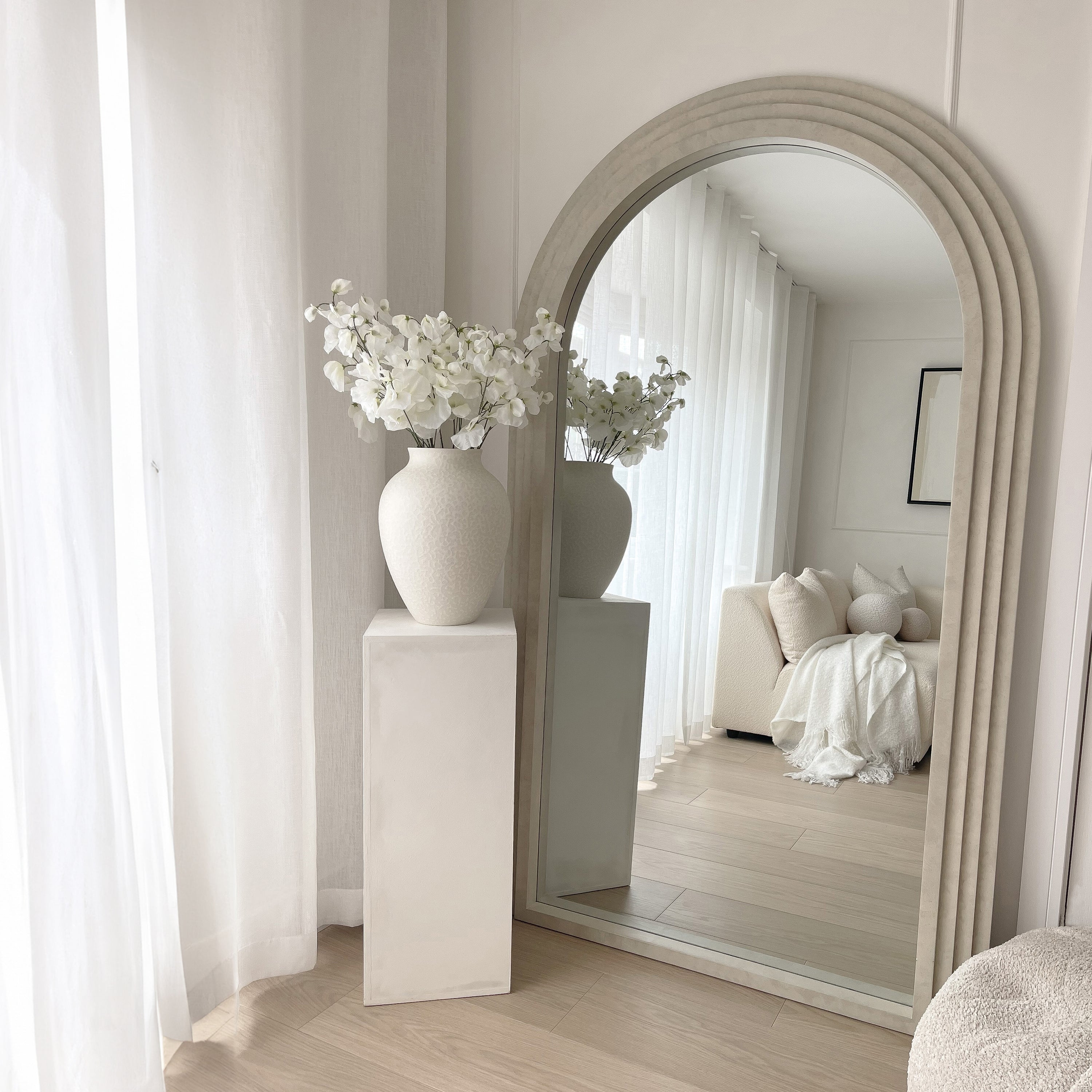 Full Length Arched Concrete Mirror as living room lean to