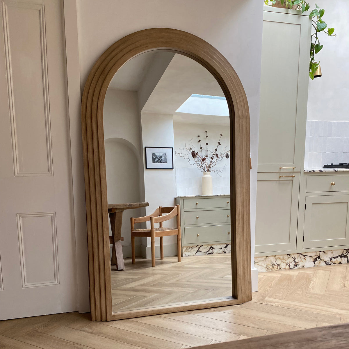 Full Length Arched Washed Wood Mirror in kitchen