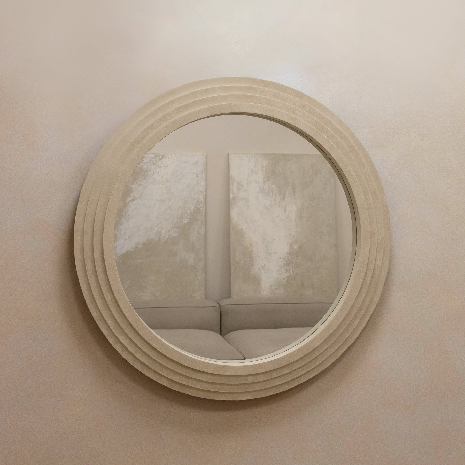 Round Concrete Wall Mirror displayed on wall