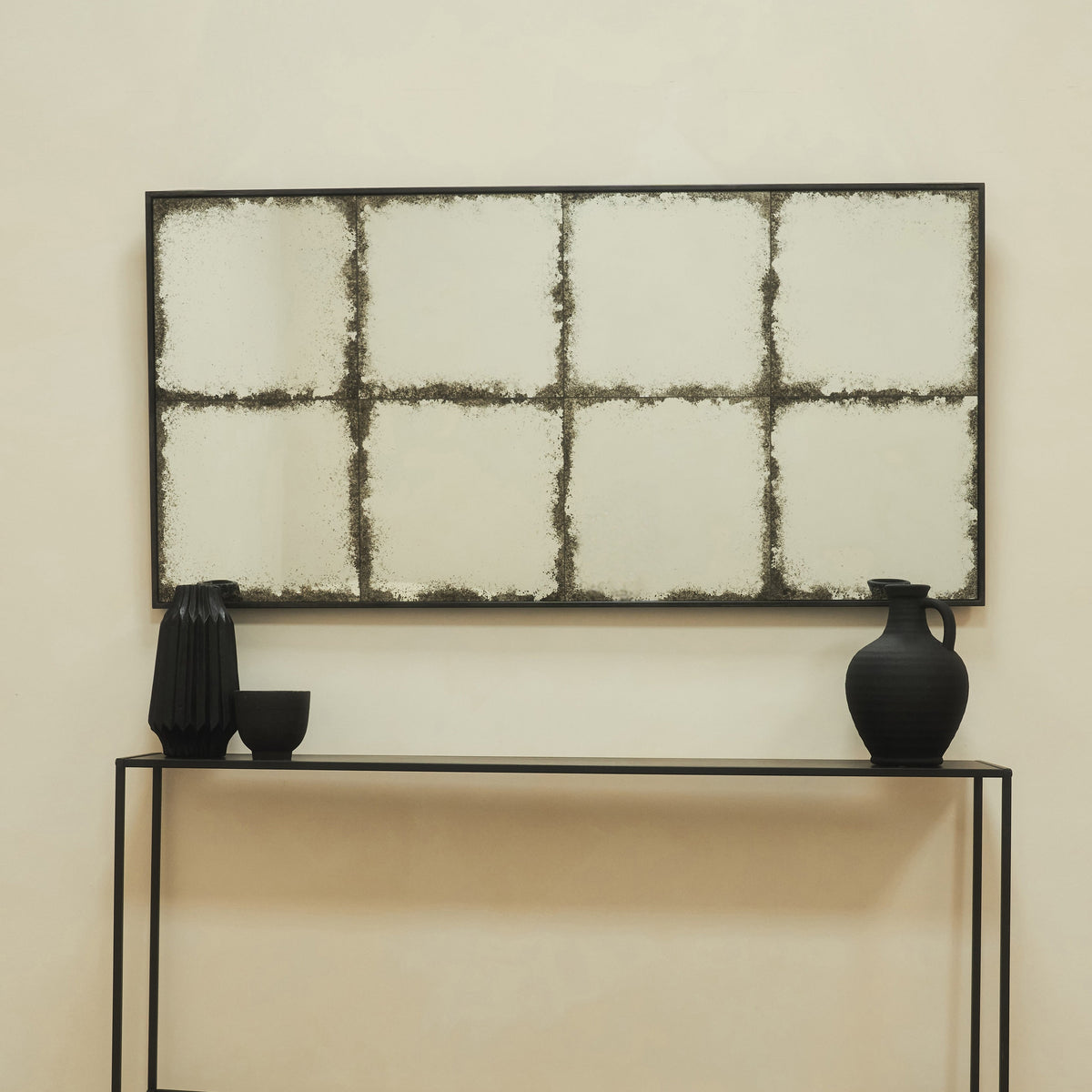 Black Antique Glass Metal Console Mirror displayed horizontally as wall mirror
