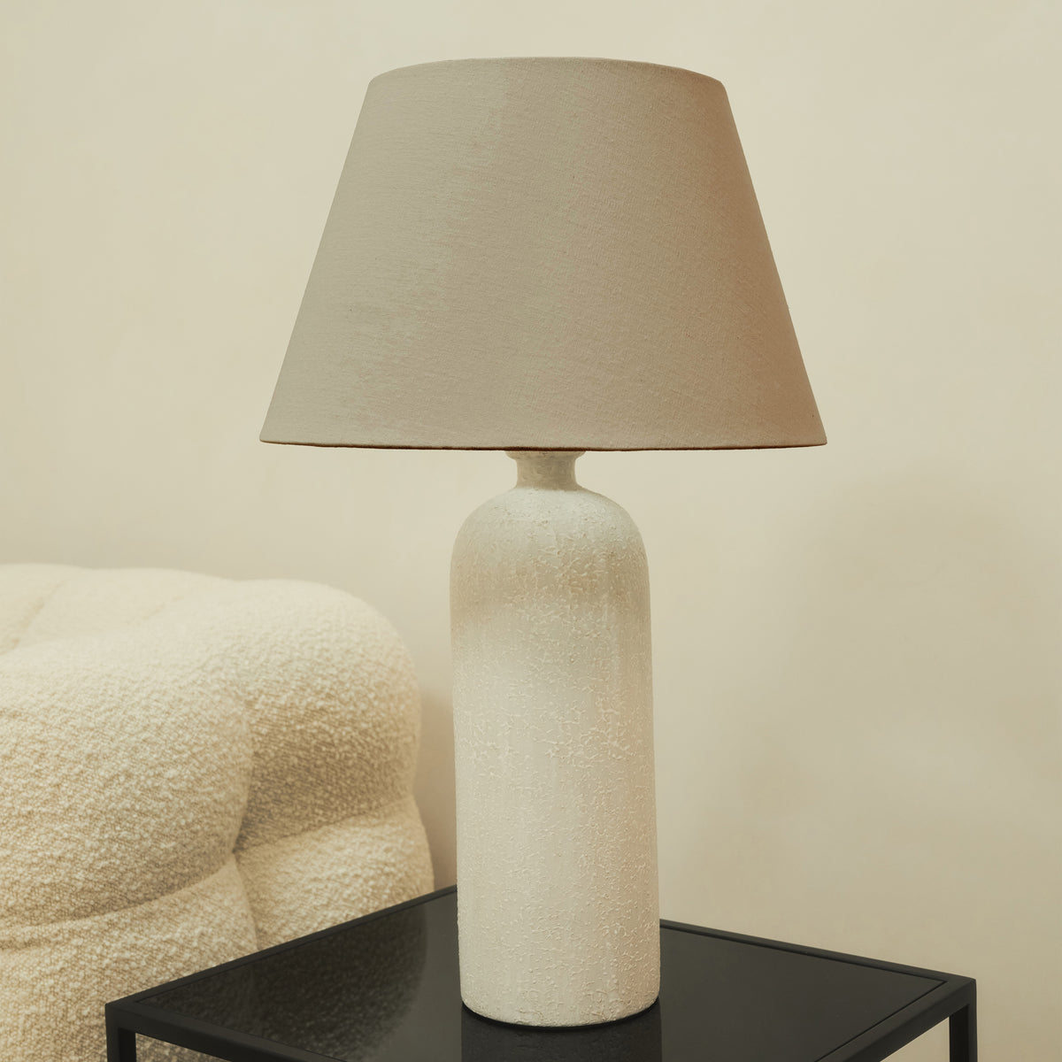 Textured Ceramic Based Table Lamp Beige Shade on brooklyn table