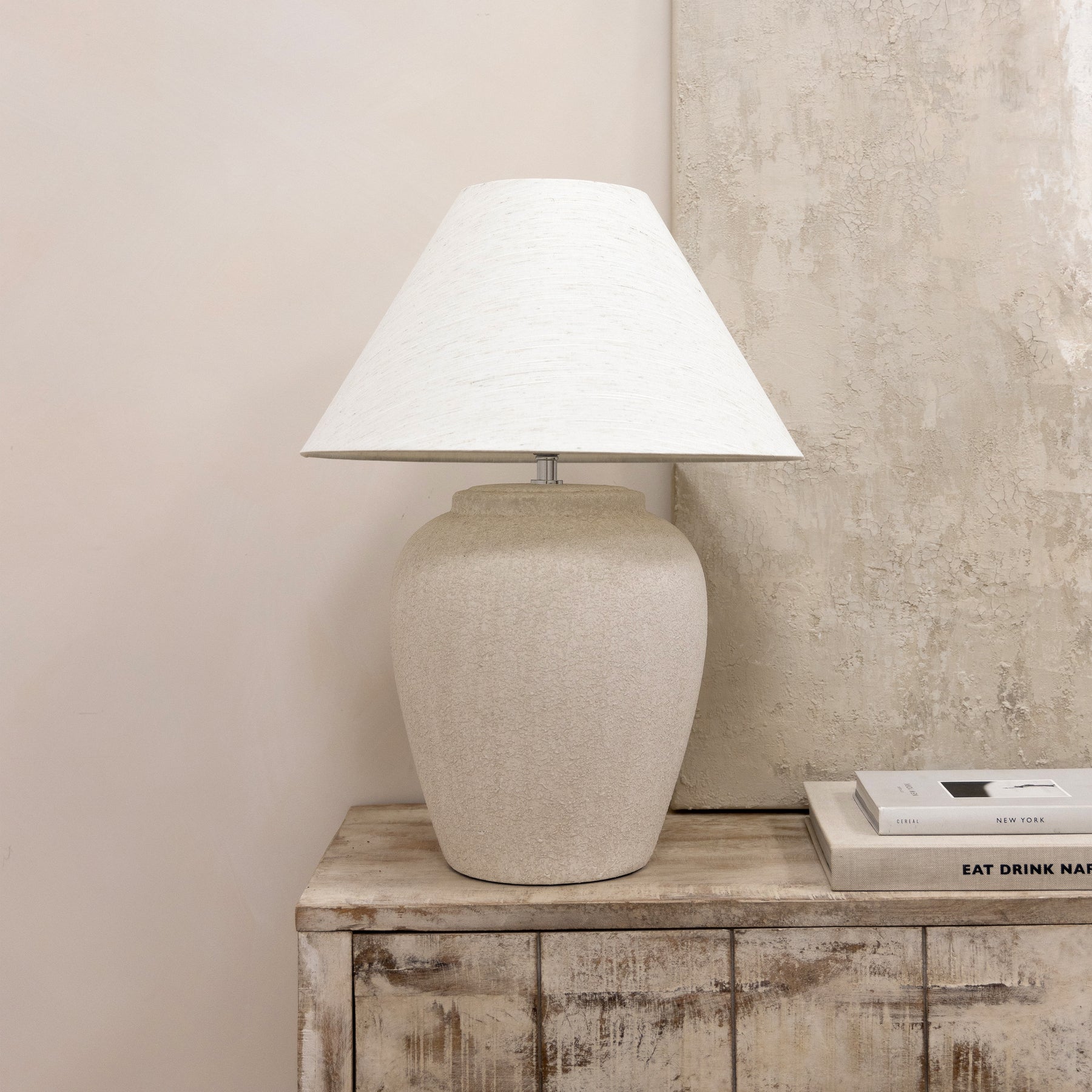 Stone Ceramic Coolie Shade Table Lamp on console table