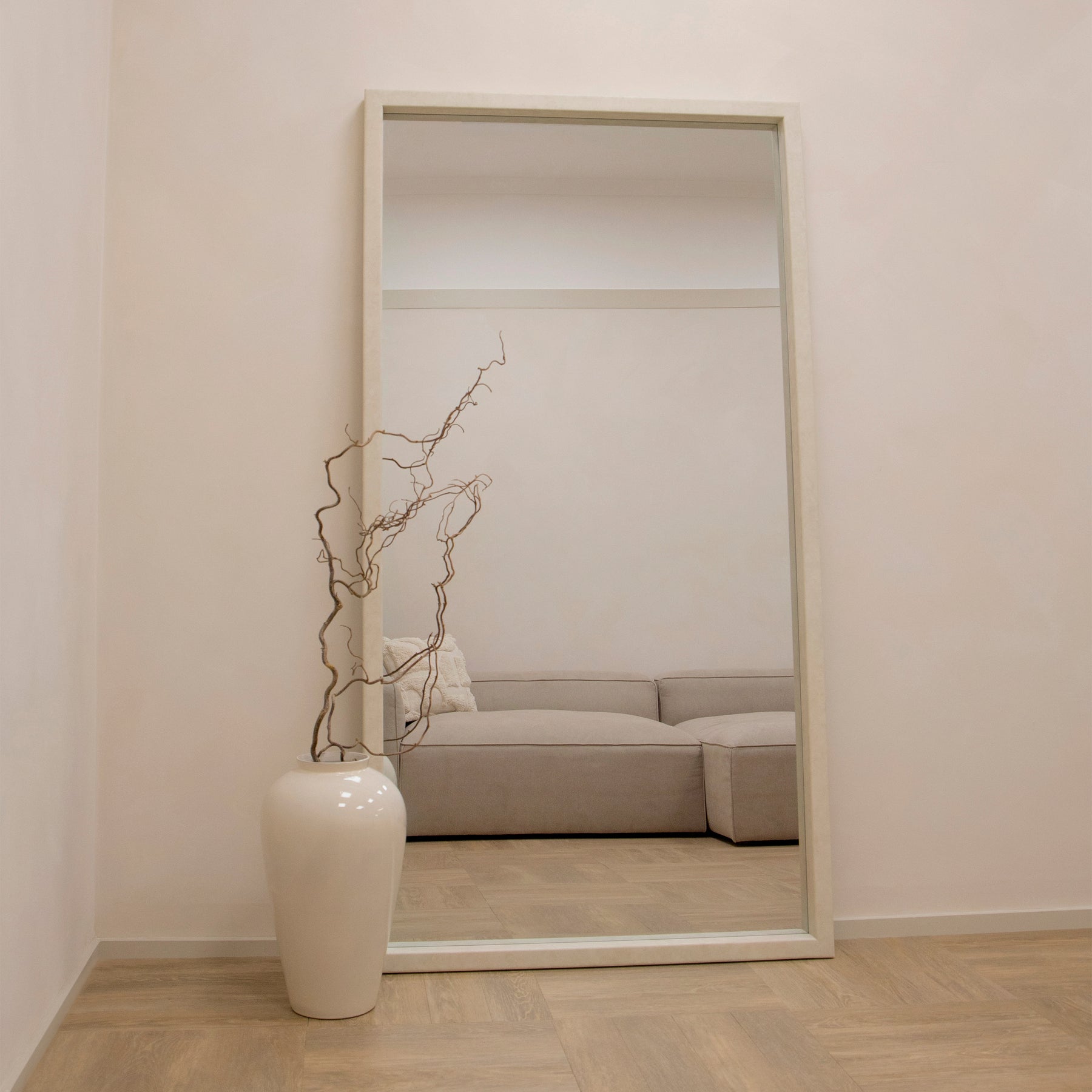 Full Length Extra Large Rectangular Concrete Mirror opposite sofa