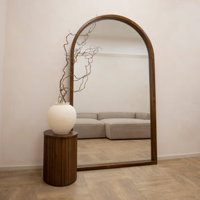 Full Length Extra Large Arched Walnut Mirror opposite sofa