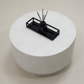 Decorated Minimalist white concrete round coffee table with Brooklyn tray