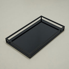 Overhead view of empty Black modern large rectangle tinted mirrored decorative tray