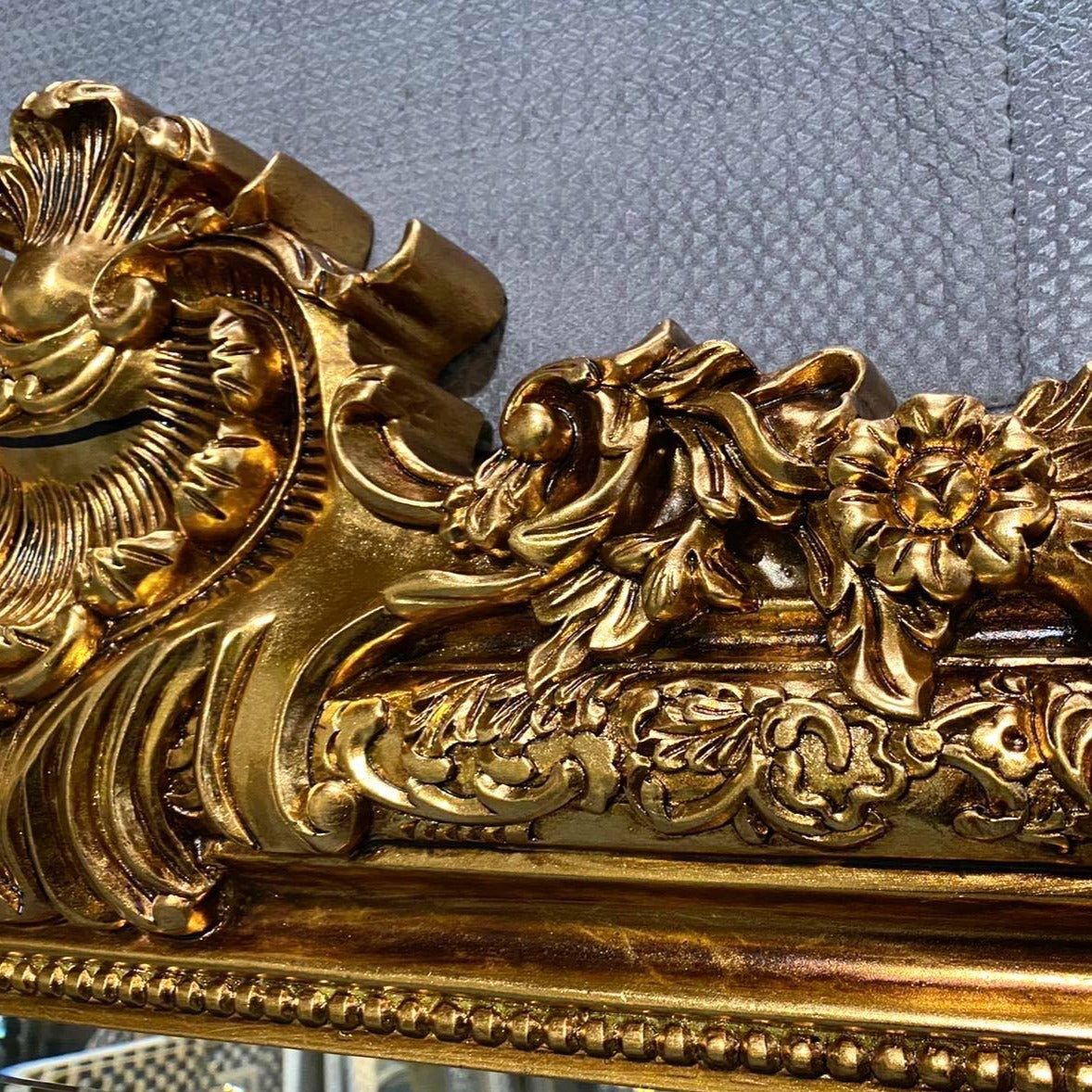 Full Length Gold Ornate Mirror detail shot of top crest