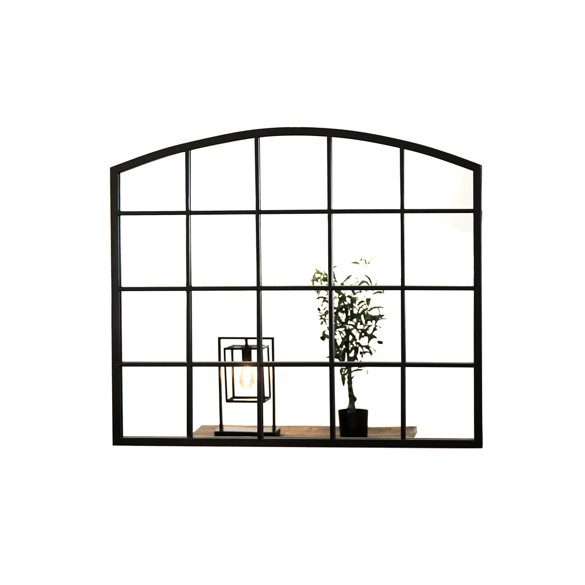 Black industrial arched metal window mirror