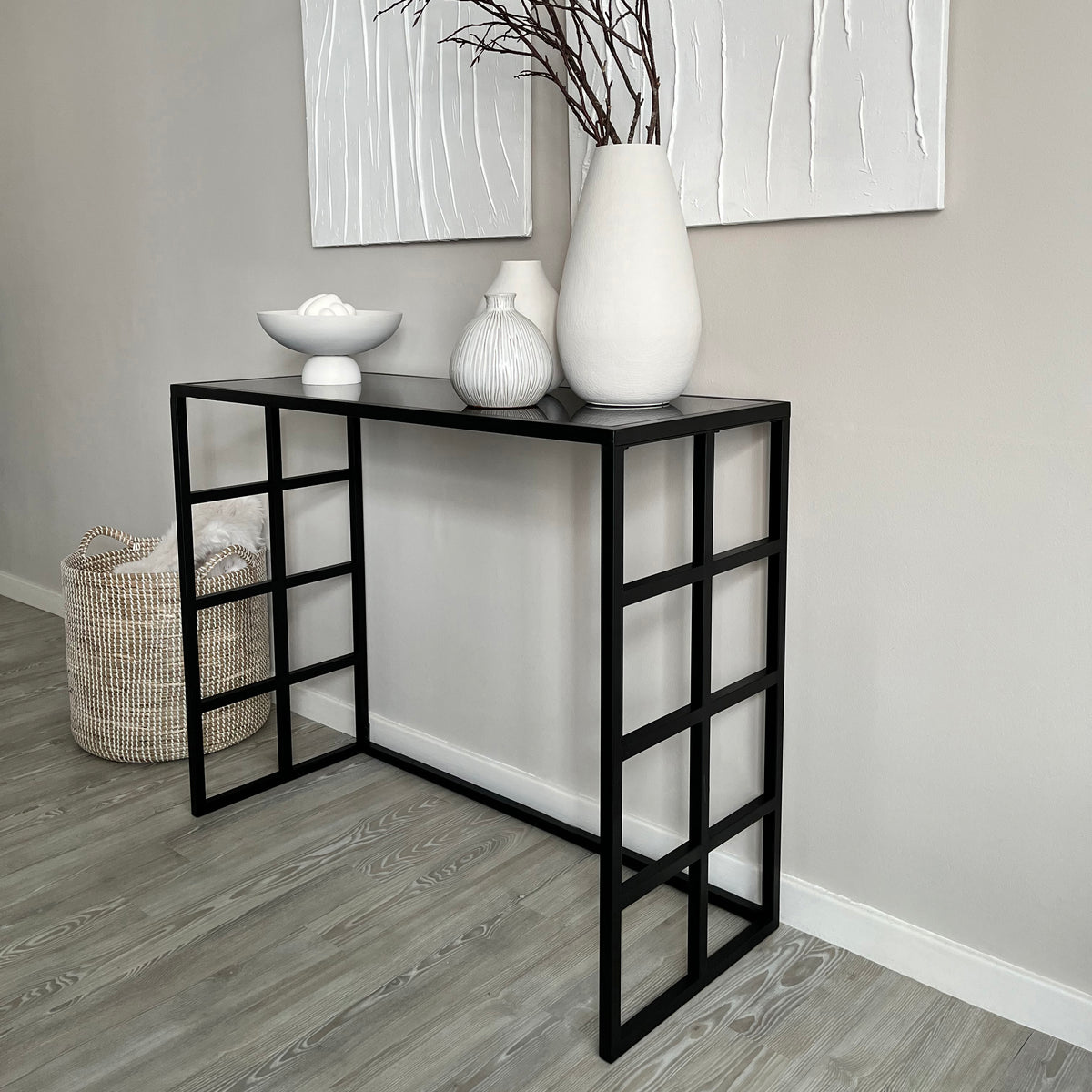 Black modern large rectangle tinted mirrored console table with ceramics