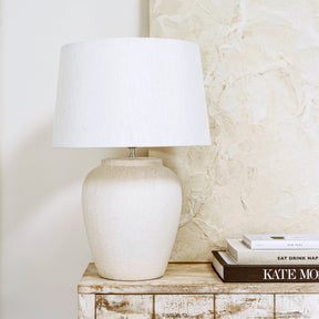 Stone Ceramic Drum Shade Table Lamp in natural light - off