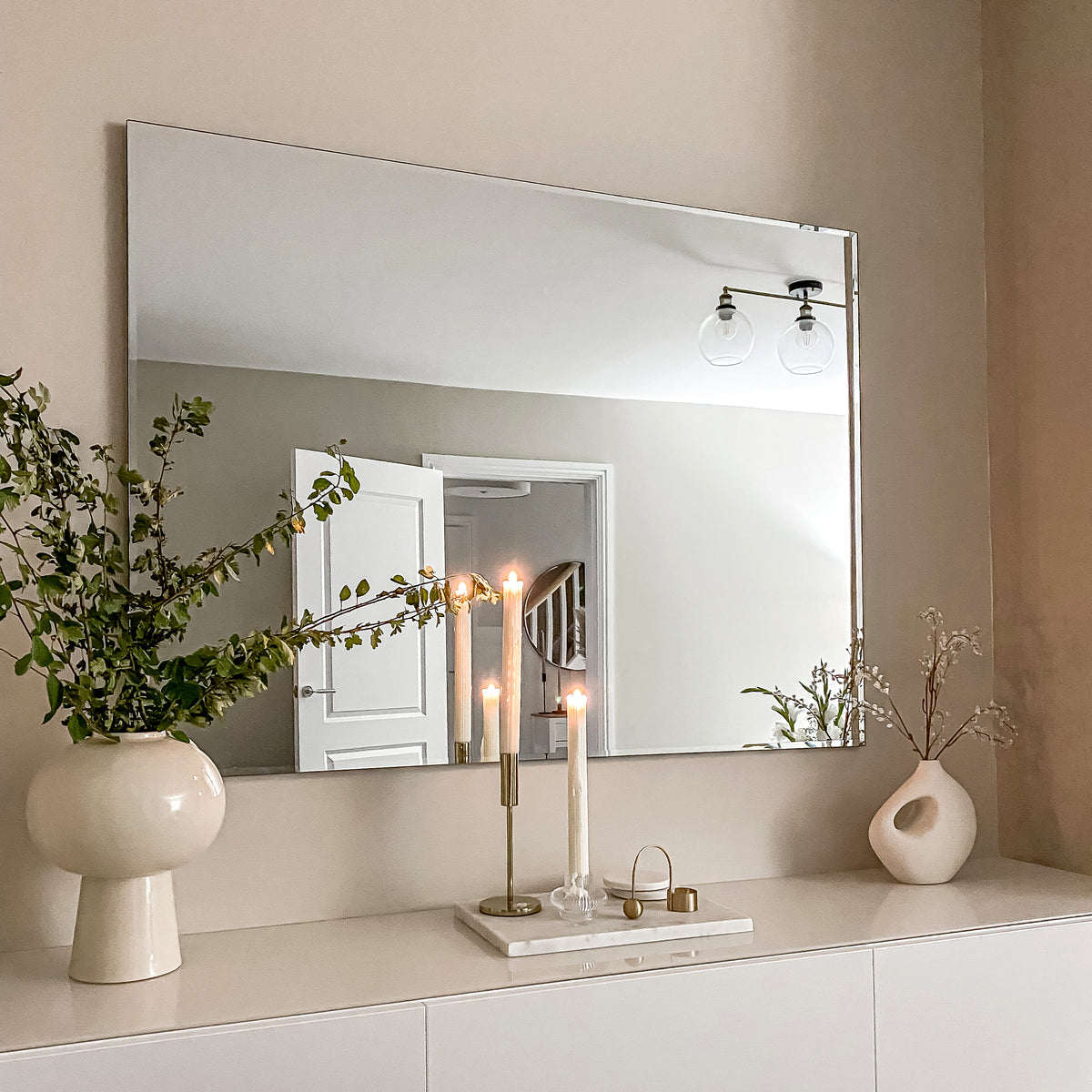 Large Frameless Rectangular Mirror above wall cupboard