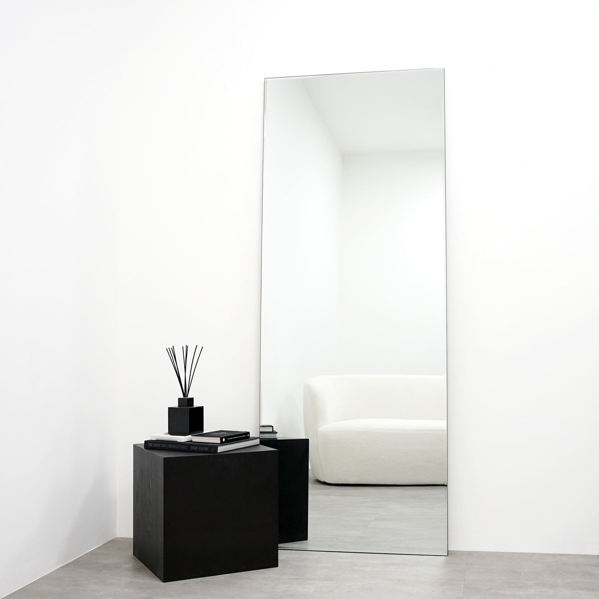 Large Frameless Full Length Rectangular Mirror in lounge
