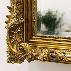 Gold Arched Ornate Overmantle Wall Mirror detail shot of bottom corner