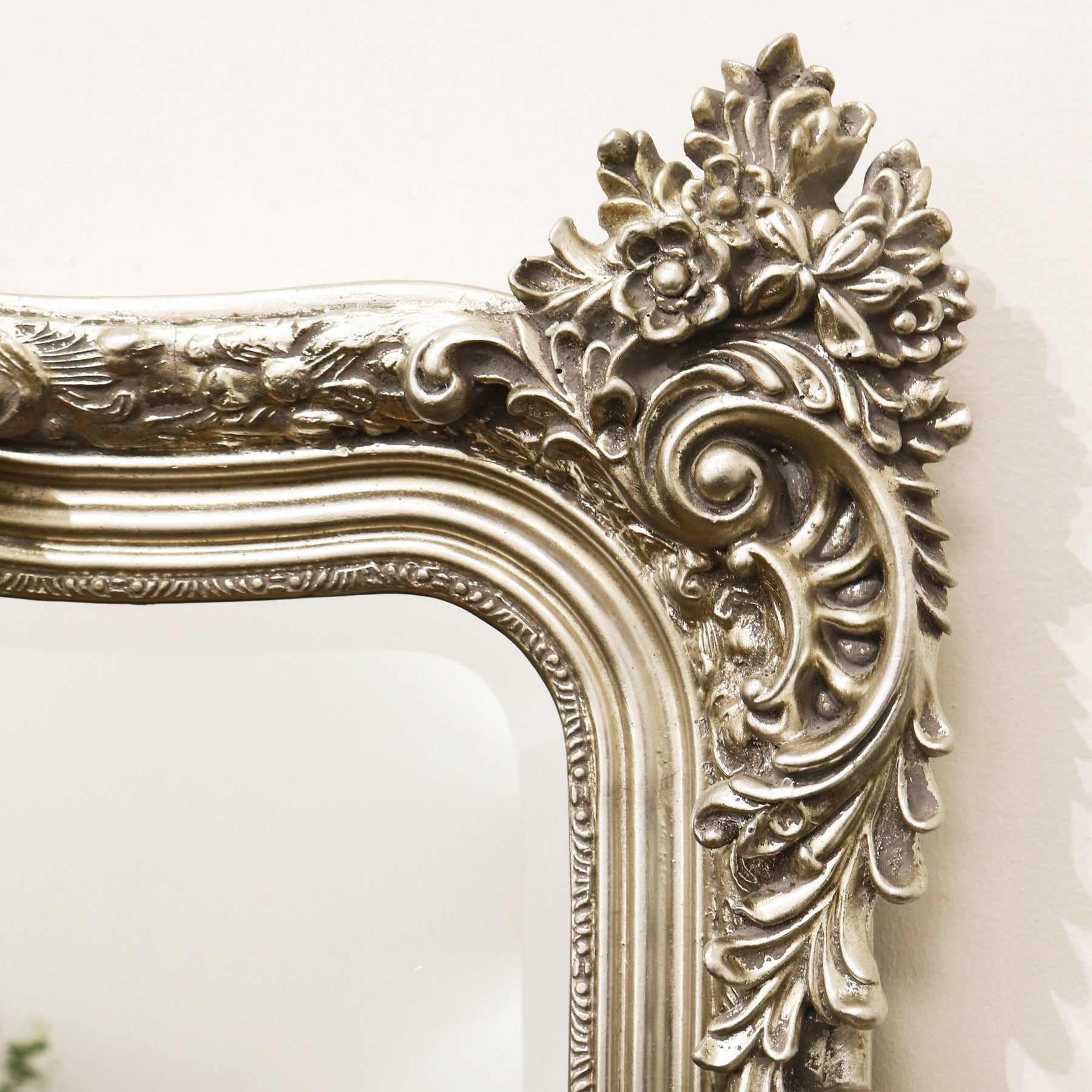 Silver Arched Ornate Overmantle Wall Mirror alternate shot of corner