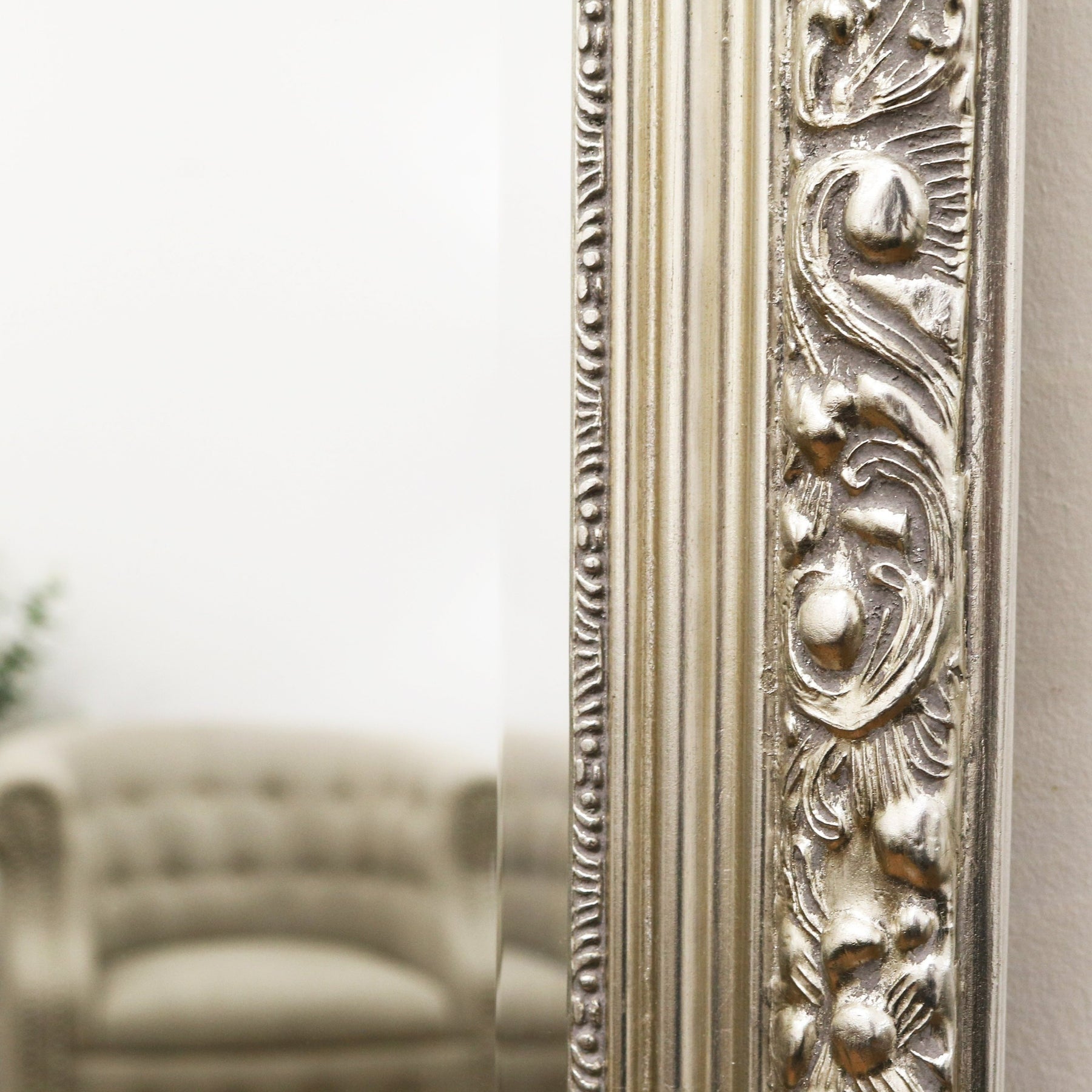 Silver Arched Ornate Overmantle Wall Mirror detail shot of side