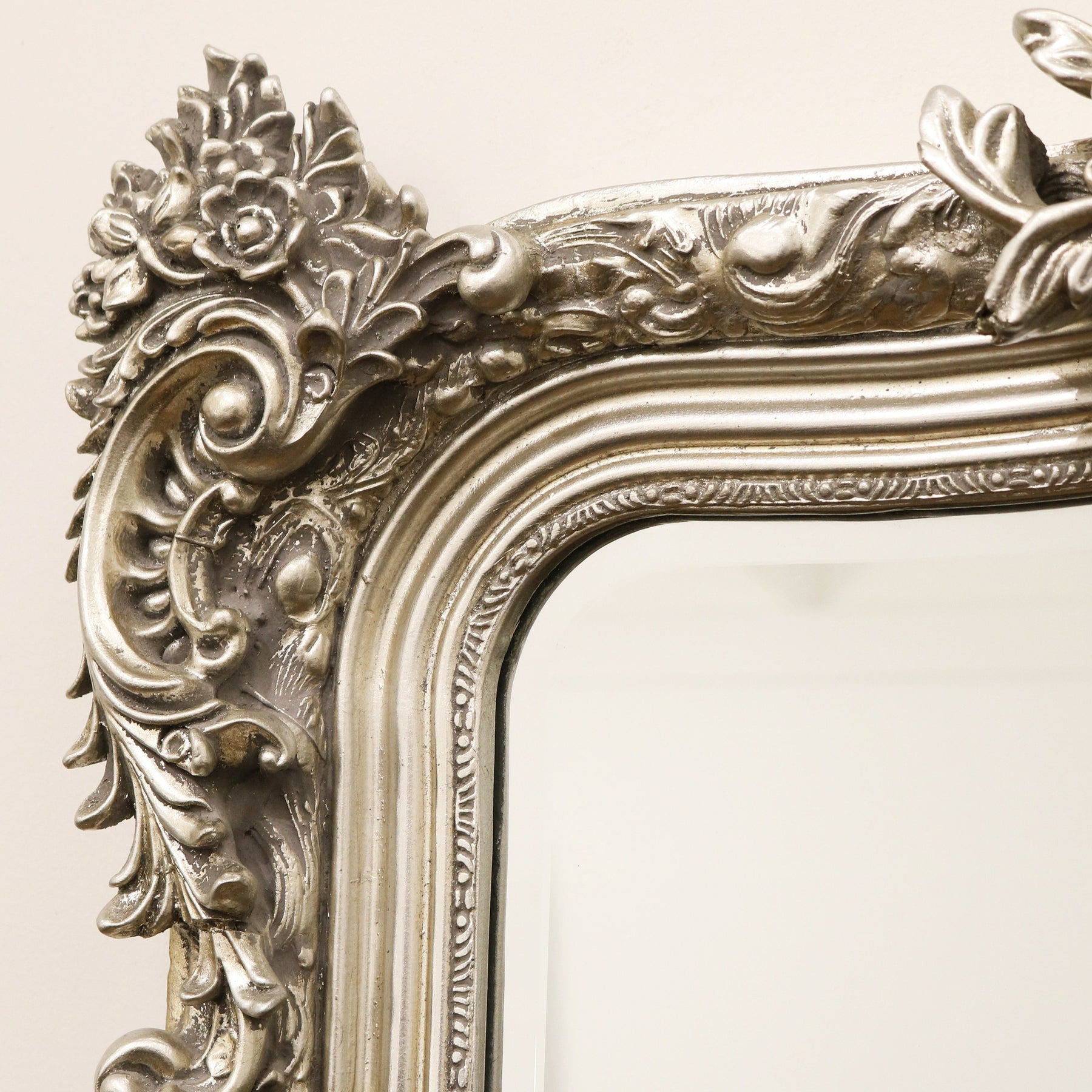 Silver Arched Ornate Overmantle Wall Mirror detail shot of corner