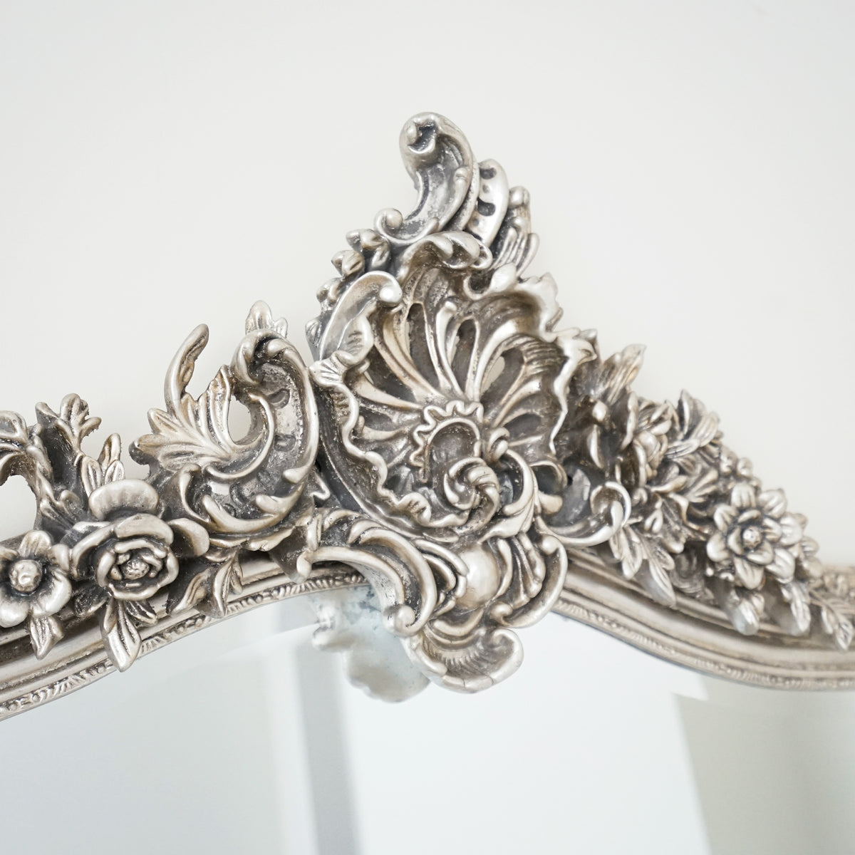 Silver Arched Ornate Full Length Mirror detail shot of floral frame crest