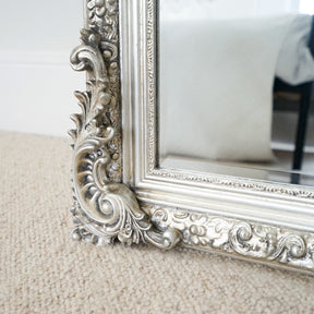 Silver Arched Ornate Full Length Mirror detail shot of bottom corner