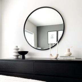 Black Metal Modern Round Wall Mirror above console table