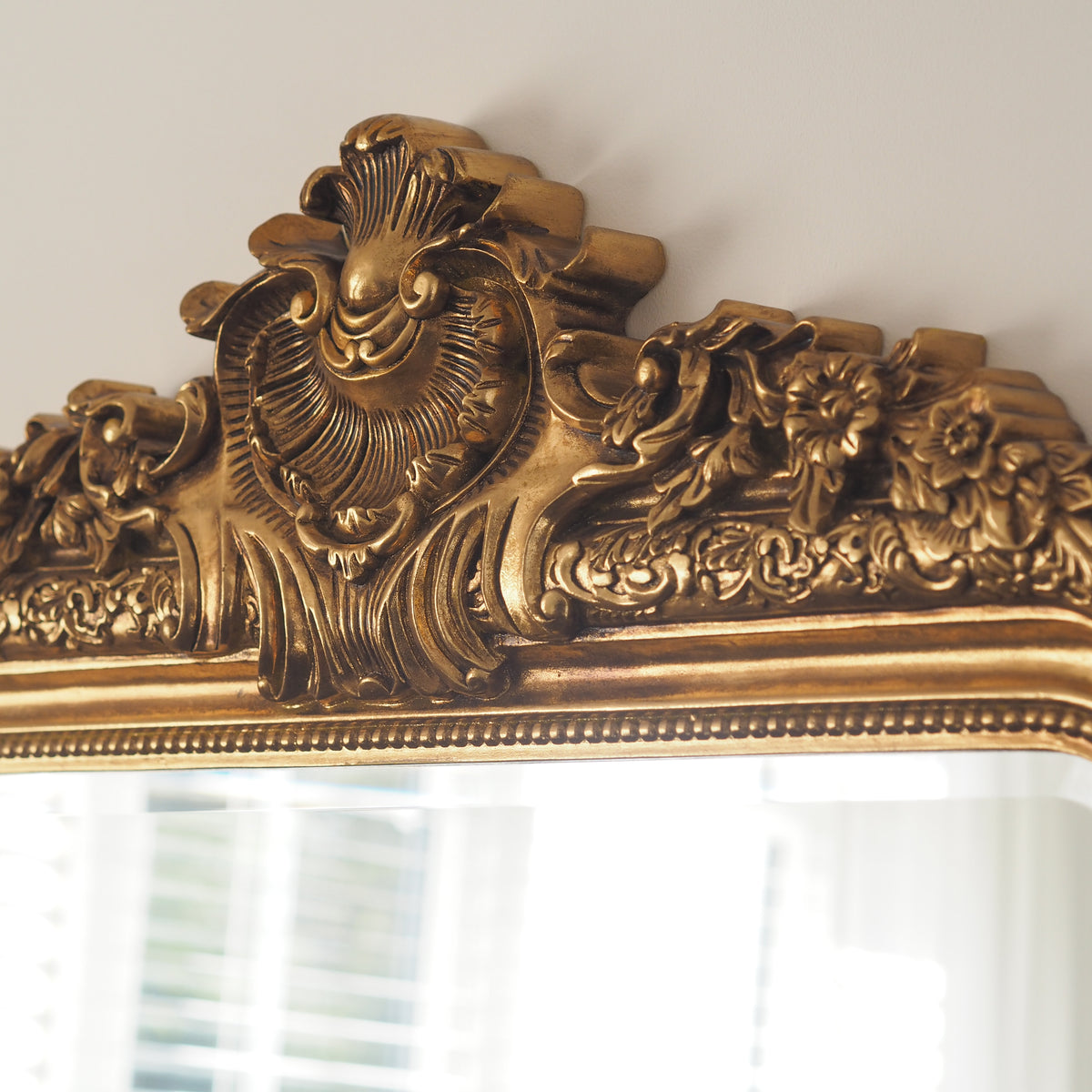Full Length Gold Ornate Mirror detail shot of top crest