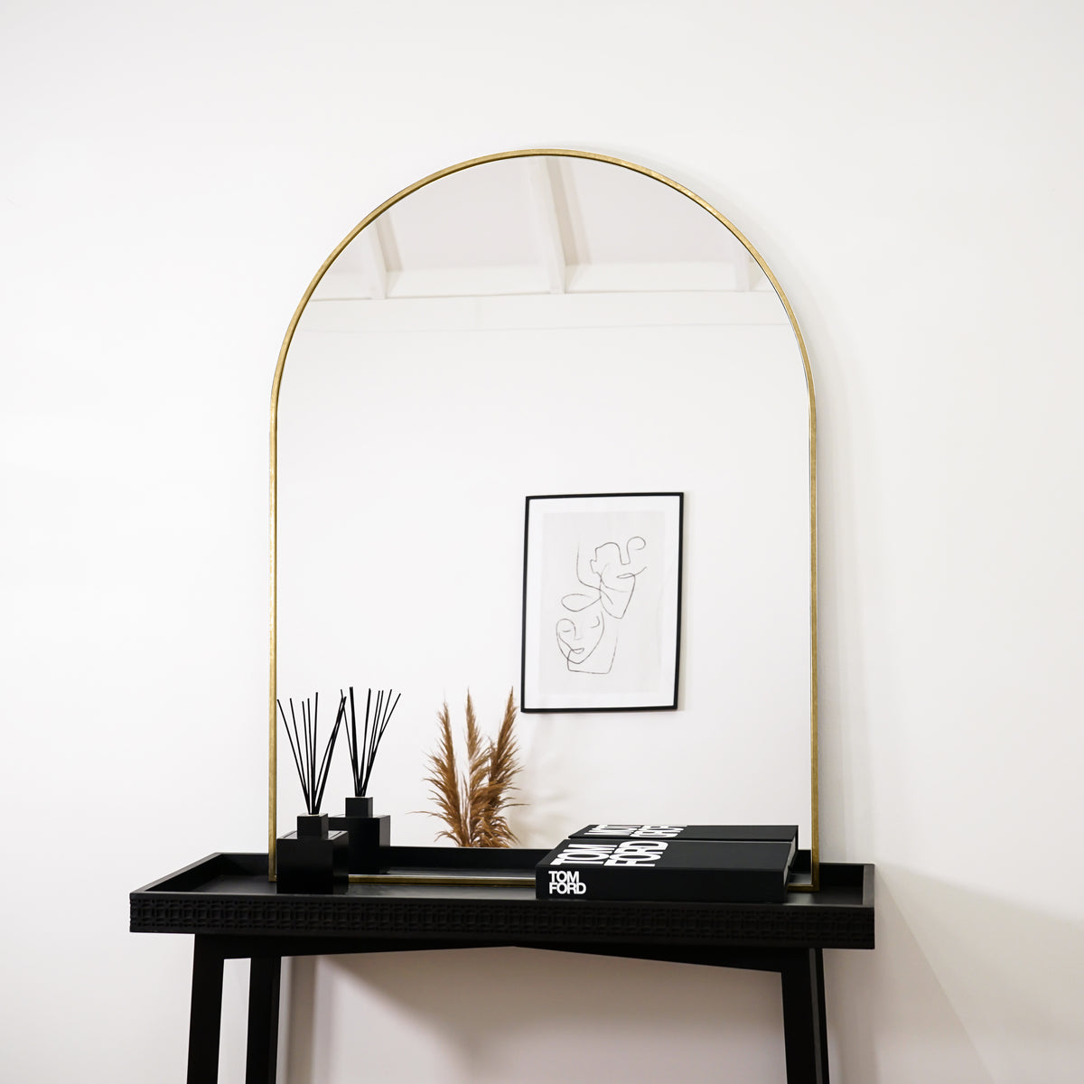 Gold Arched Metal Overmantle Mirror console