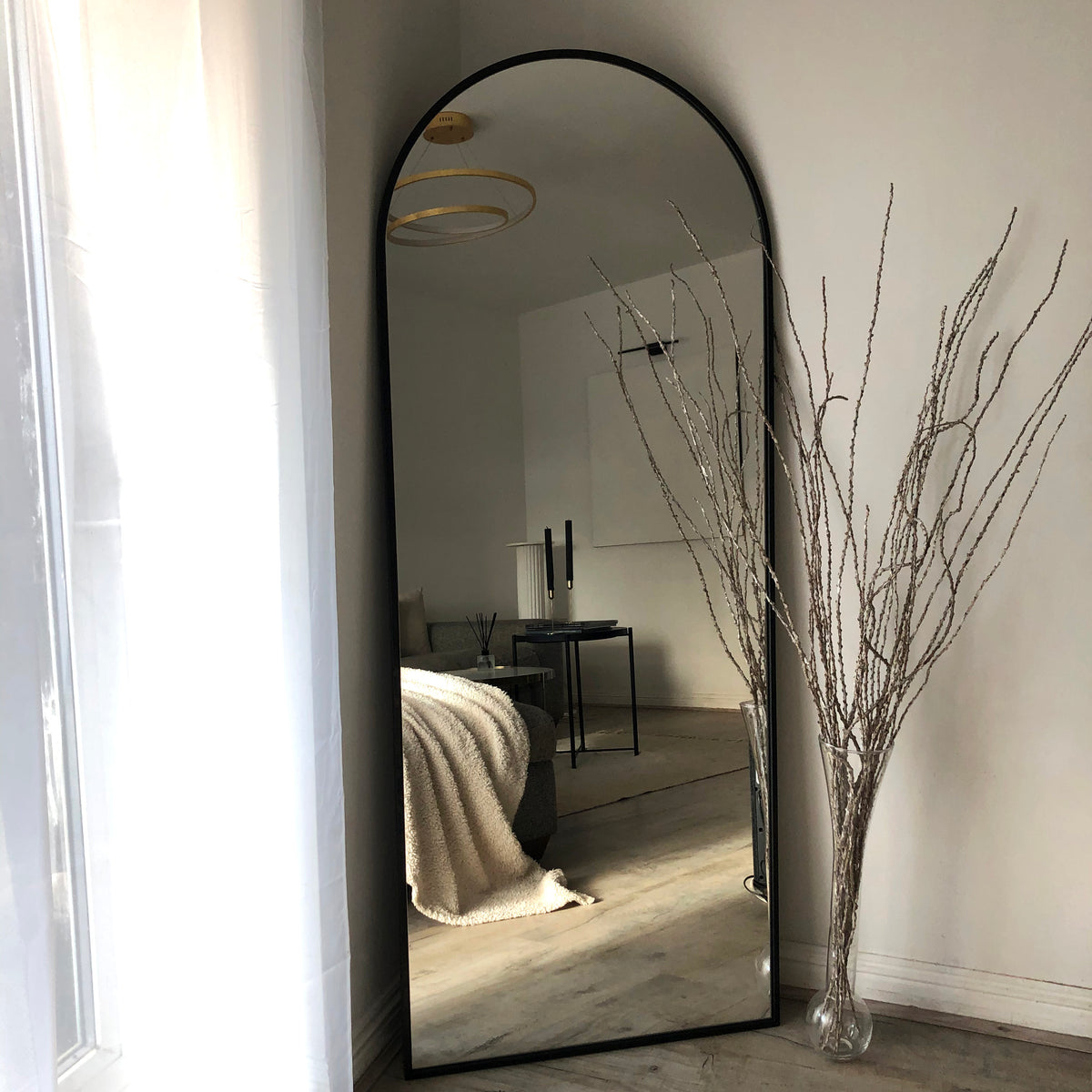 Champagne Full Length Arched Metal Mirror as bedroom lean to