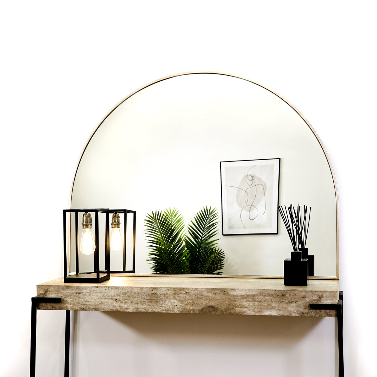Champagne Full Length Arched Metal Mirror on console table