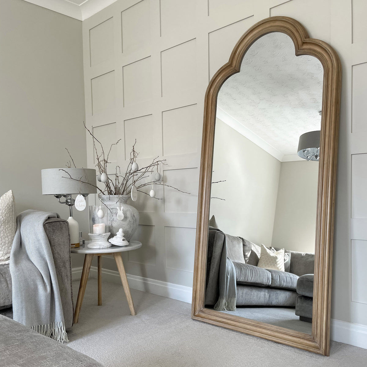 Washed Wood Arched Full Length Mirror in living room