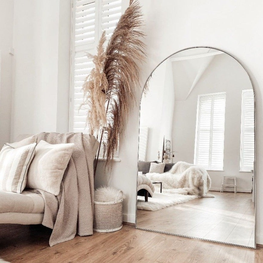 Champagne Full Length Arched Metal Mirror as living room lean to